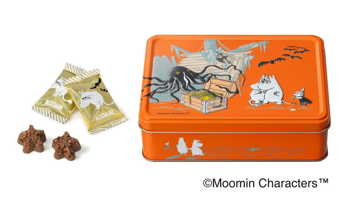 ムーミンと仲間たち缶のクローズアップと星形クランチチョコレートの中身
