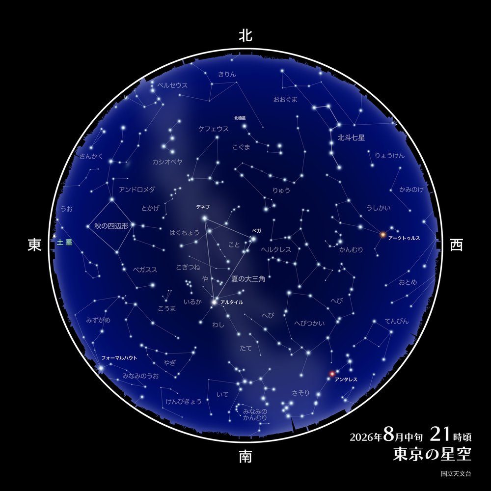 国立天文台による2026年8月中旬・東京の星空案内図
