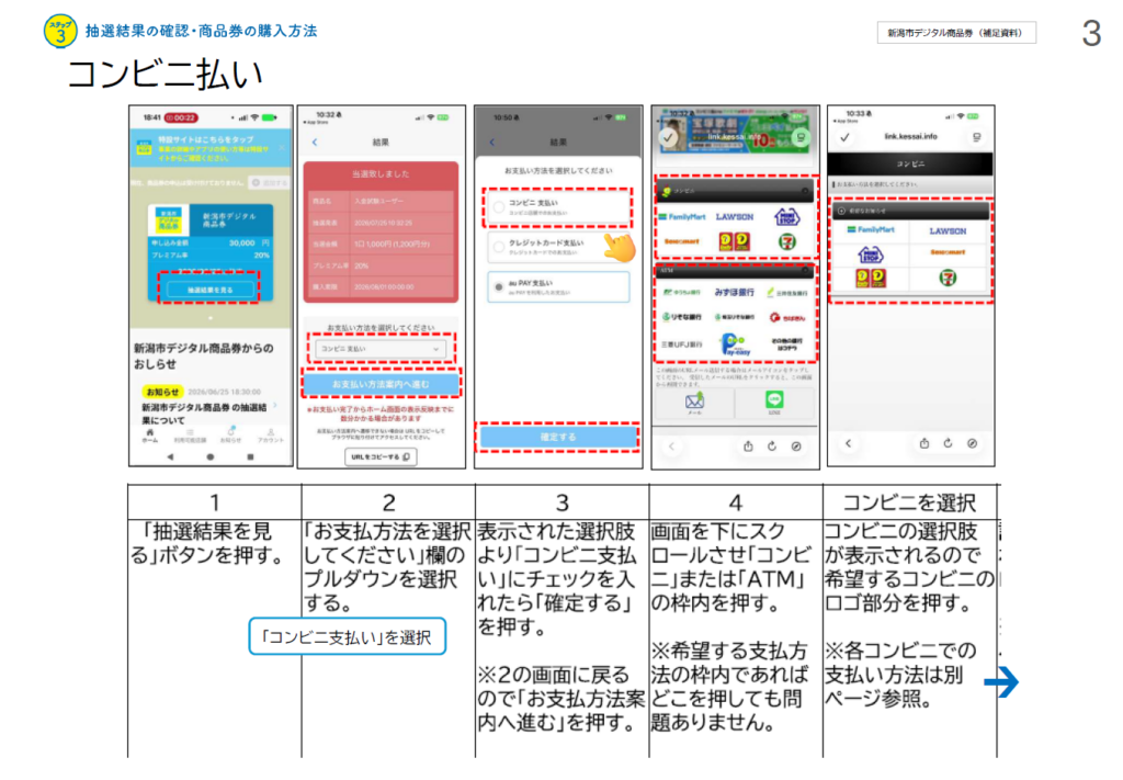 新潟市デジタル商品券のコンビニ払い選択画面 ファミマ ローソン セブンイレブン等対応