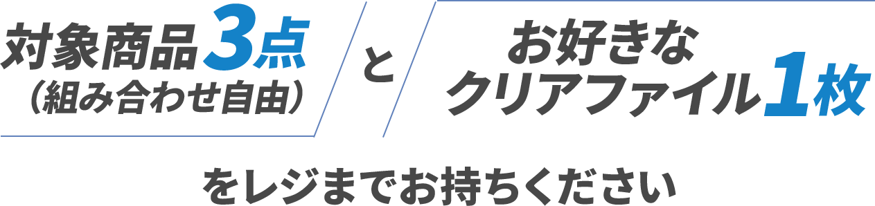 対象商品3点とクリアファイル1枚をレジまでお持ちください