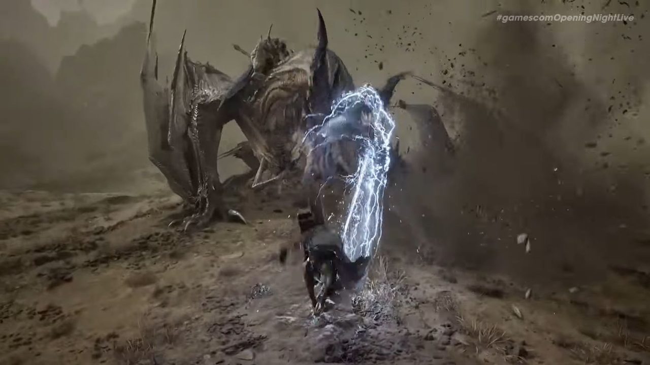 ノーダスフォールで巨大な竜型モンスターと戦うプレイヤーキャラクター