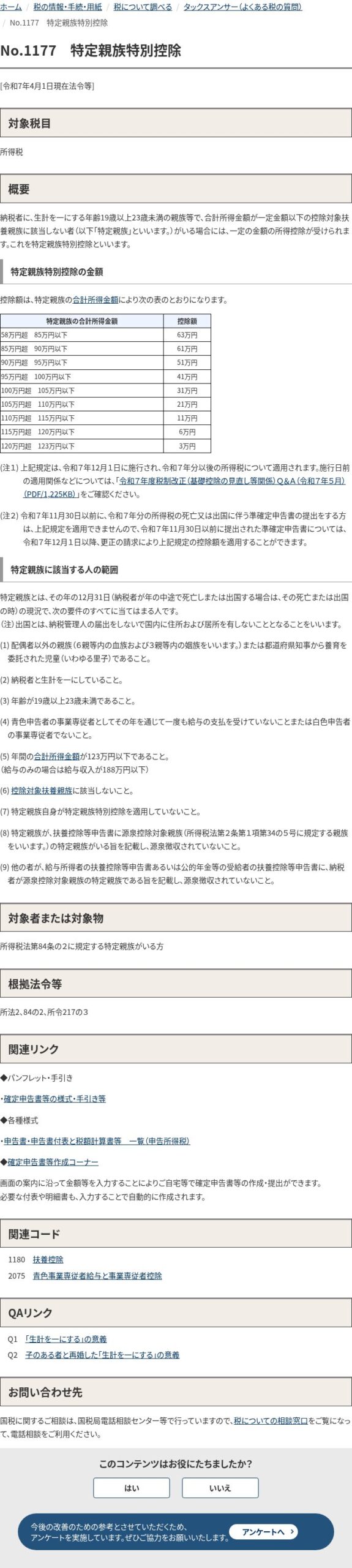 国税庁の特定親族特別控除の要件一覧と控除額の表
