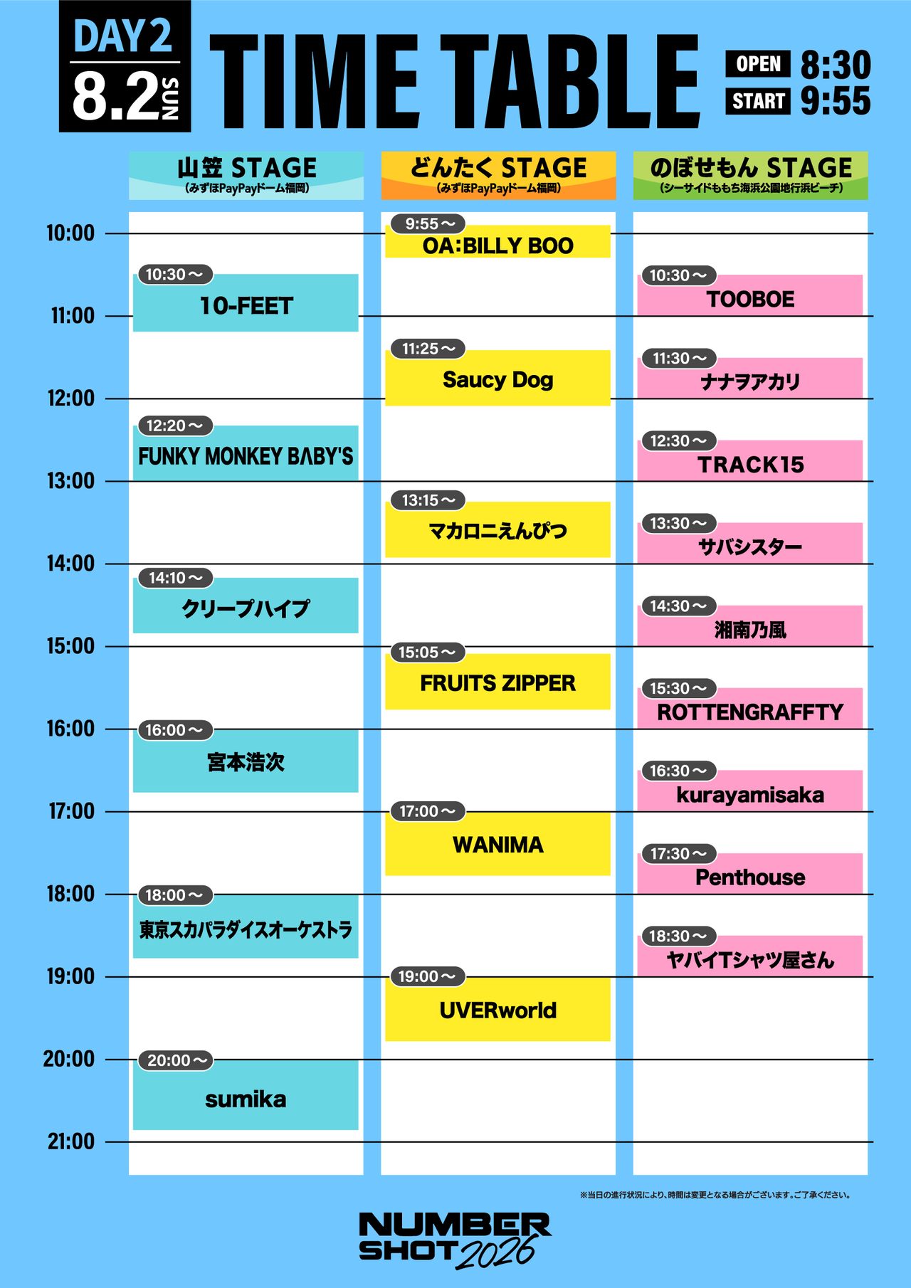 NUMBER SHOT 2026 DAY2タイムテーブル 8月2日出演アーティストと時間割