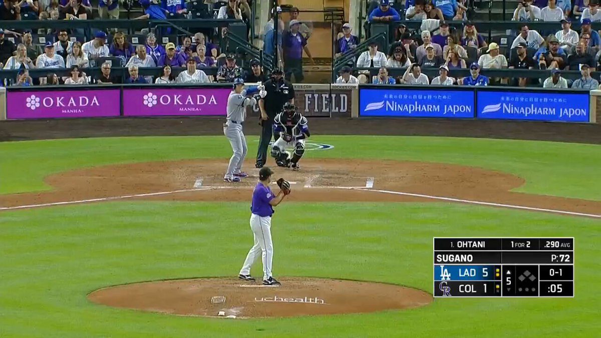 大谷翔平が28号本塁打を放った瞬間、ロッキーズ戦のスコアボード