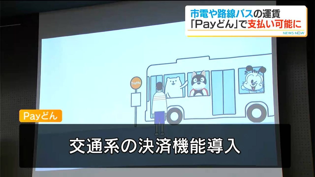 Payどんが市電や路線バスの運賃支払いに対応することを伝えるニュース映像のイラスト
