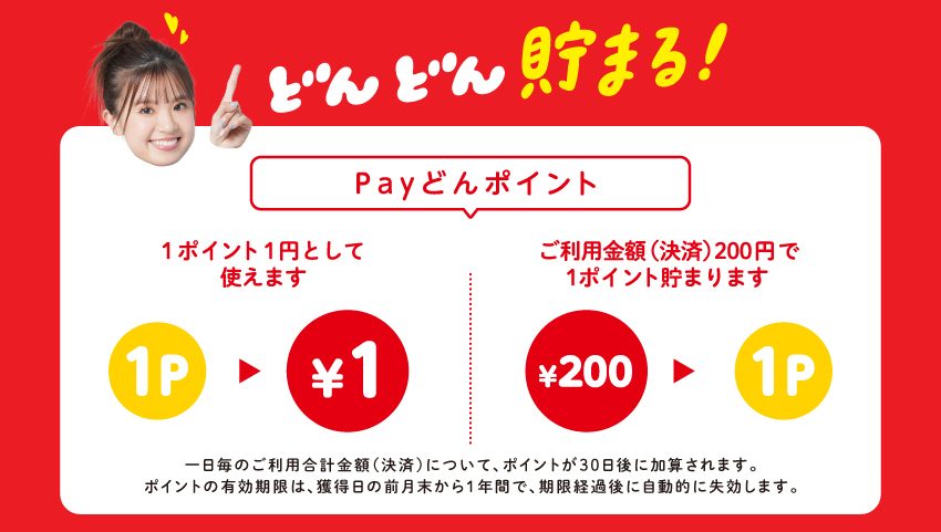 Payどんポイントの仕組みを示す公式画像、利用金額200円につき1ポイント貯まる説明図