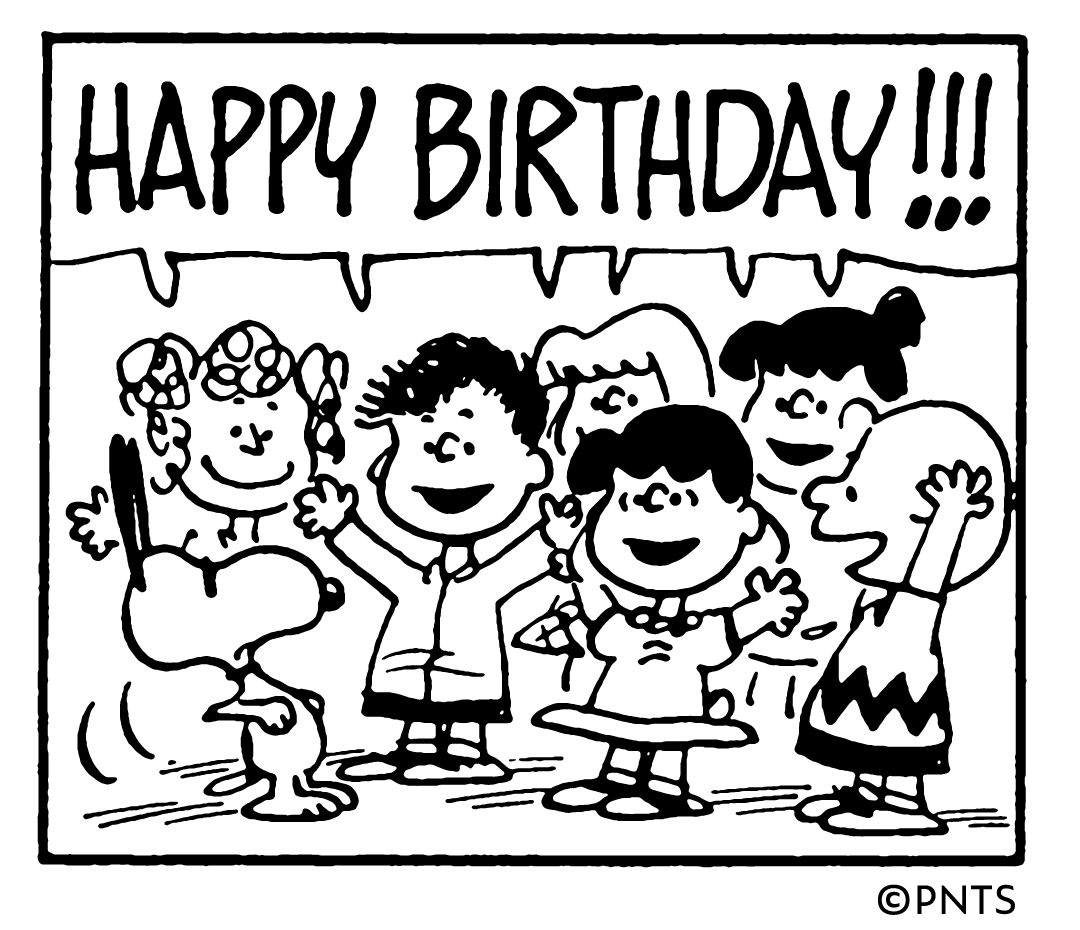 スヌーピーとウッドストックたちPEANUTSキャラクター集合のHAPPY BIRTHDAYお祝いイラスト