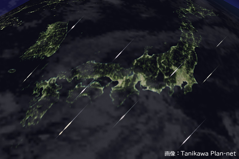日本列島の夜空に降り注ぐペルセウス座流星群のイメージ図