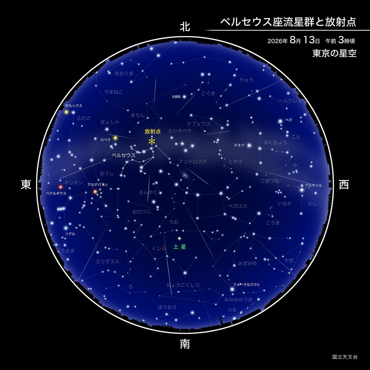ペルセウス座流星群と放射点 2026年8月13日午前3時頃 東京の星空 国立天文台作成の星図