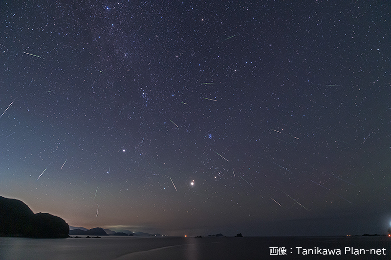 ペルセウス座流星群の実際の観測写真 放射点から放射状に流れる流星