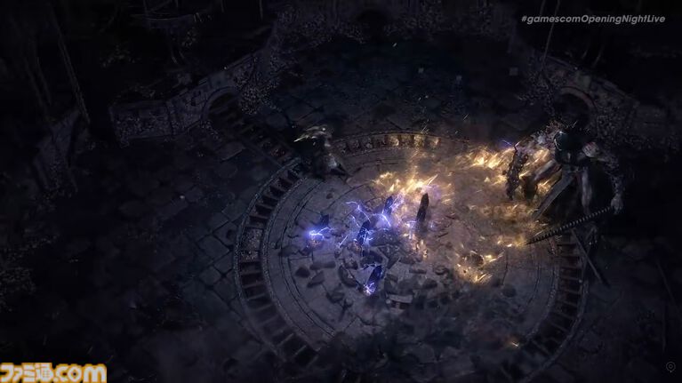 Path of Exile 2の雪原エリアで氷の魔法エフェクトが発生する戦闘シーン
