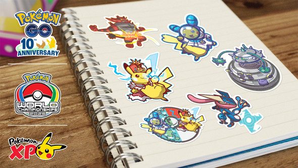 ポケモンGOのWCS2026記念ステッカーセット6種がノートに貼られている画像
