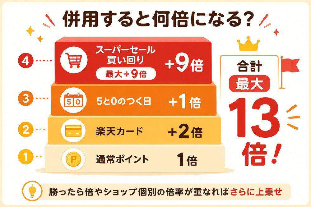 楽天スーパーセールのポイント倍率が併用でどこまで上がるかを示した図解