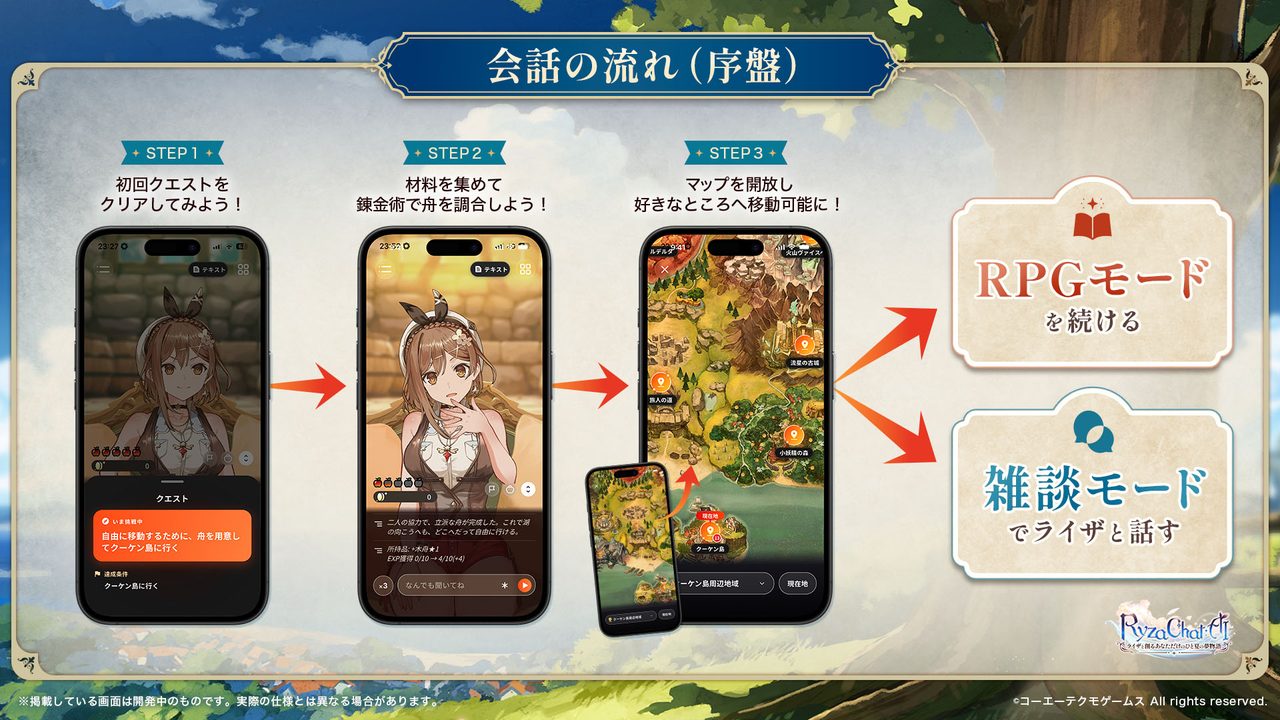 会話の流れ(序盤)を示す公式画像。スマホ画面のモックアップ