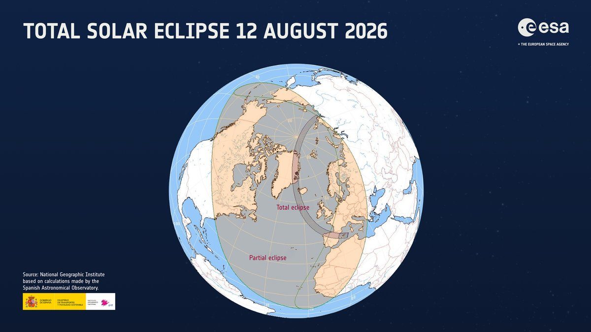 ESAが公開した2026年皆既日食の世界的な進路図