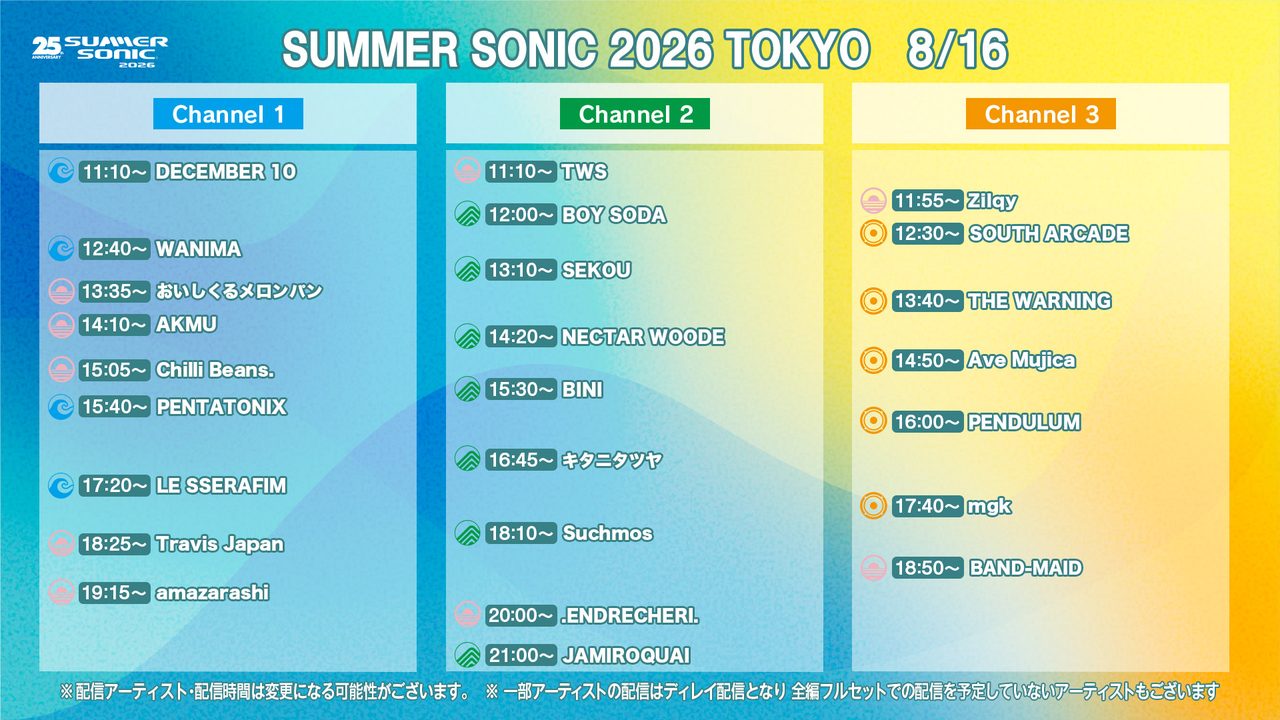 SUMMER SONIC 2026 東京DAY3(8月16日)公式タイムテーブル