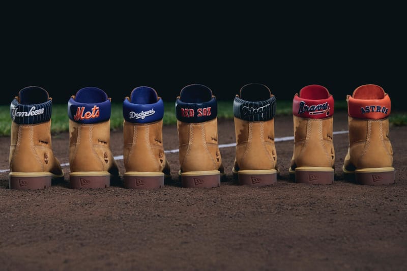 ティンバーランド×ニューエラ×MLBコラボブーツ 内側にヤンキース・メッツ・ドジャース等の球団ロゴをあしらったシュータン部分