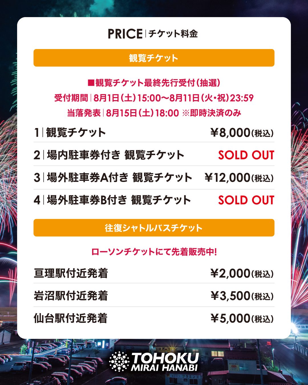 東北未来芸術花火2026 観覧チケットの料金表と往復シャトルバスチケットの料金一覧