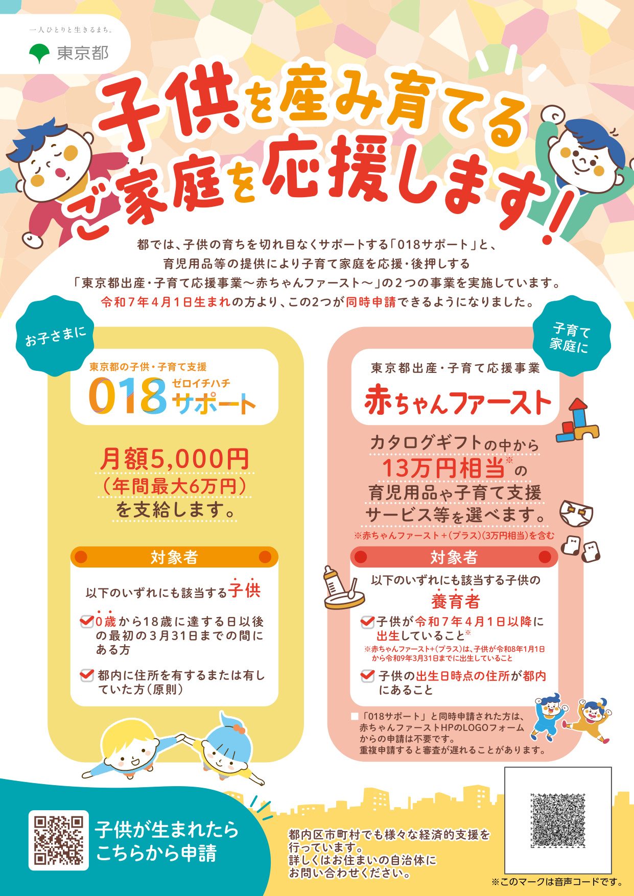 東京都出産・子育て応援事業 赤ちゃんファースト＋(プラス)と018サポートの公式リーフレット表面