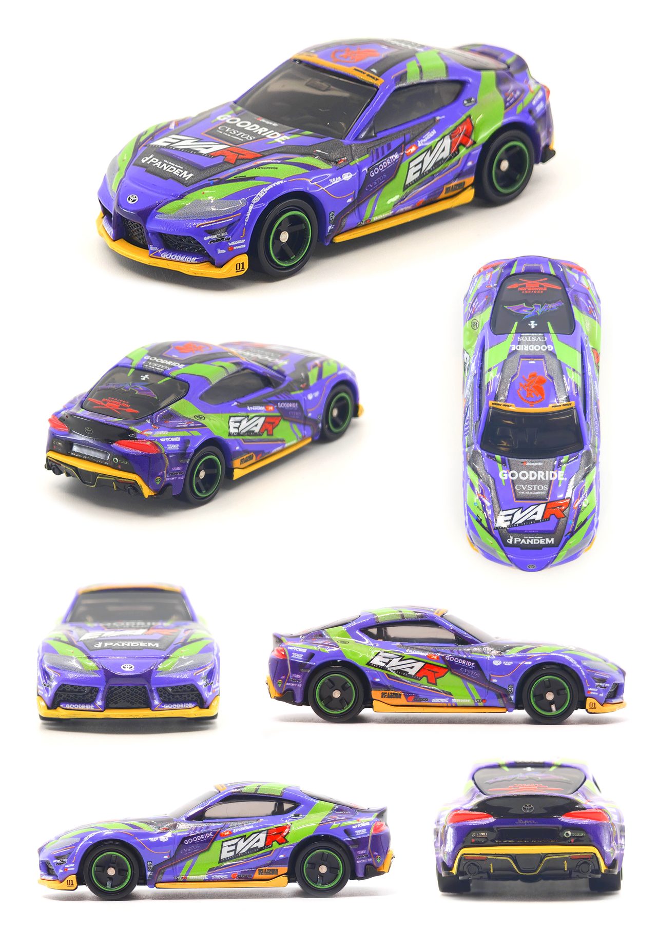 トミカ エヴァRT初号機GOODRIDEトヨタGRスープラの前後左右上から見た全方位画像