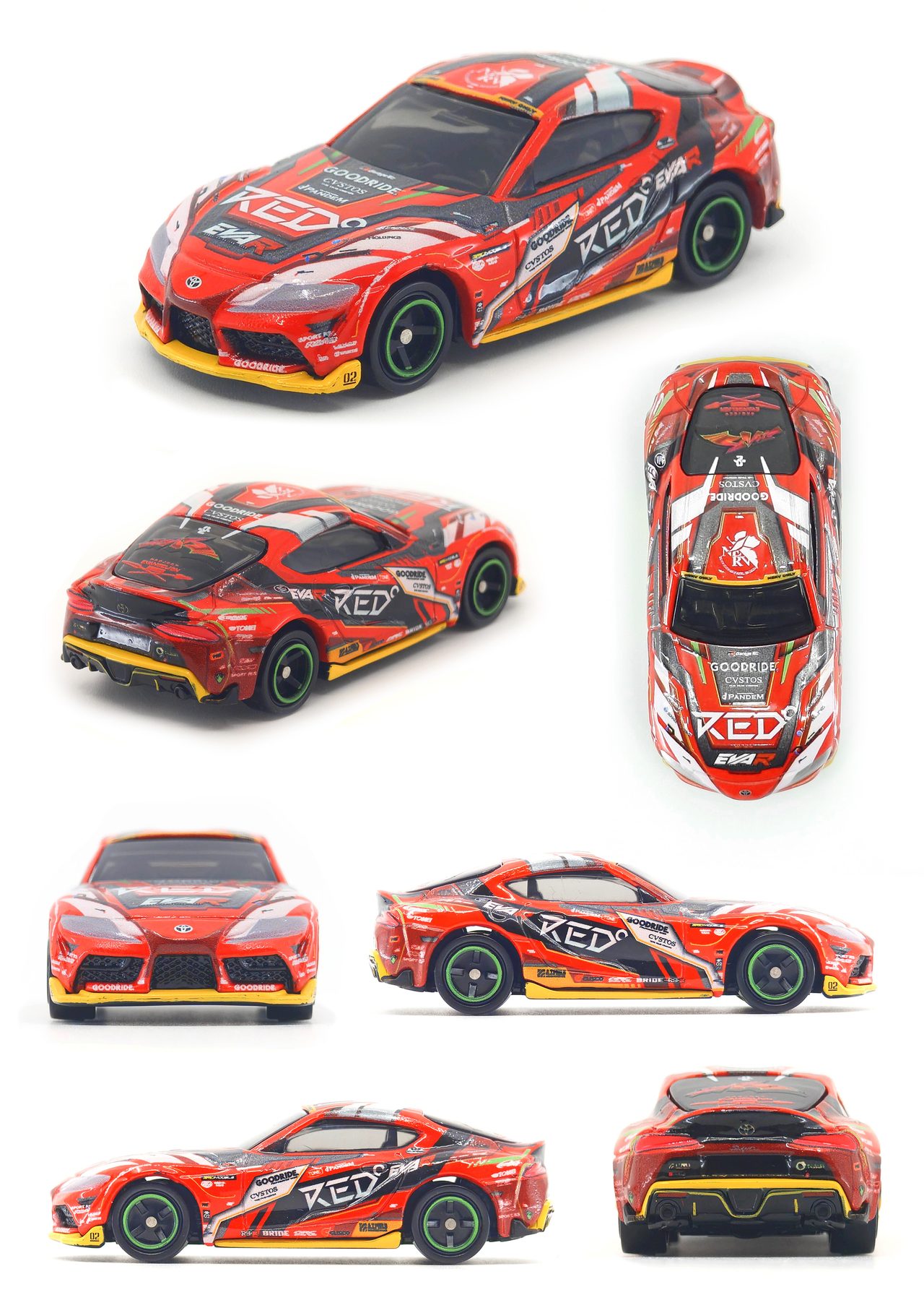 トミカ エヴァRT2号機GOODRIDEトヨタGRスープラの前後左右上から見た全方位画像