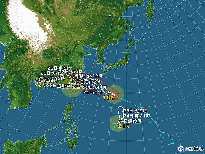台風4つ同時発生は32年ぶり｜18号〜21号の進路と本州への影響