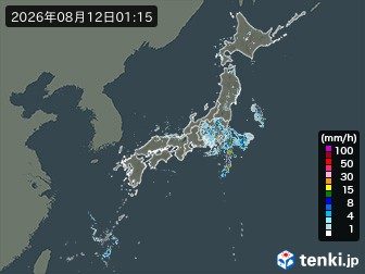 2026年8月12日1時15分の雨雲レーダー