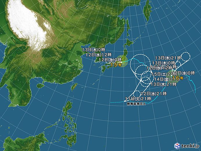台風15号の広域進路図 12日以降は熱帯低気圧に変わる見込み