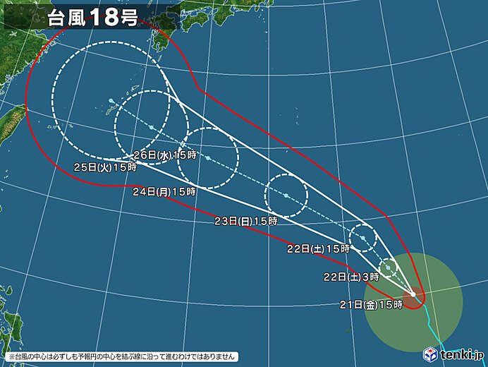台風18号(ソウデル)8月21日15時発表の進路予想図、26日ごろ沖縄本島近海へ進む見込み