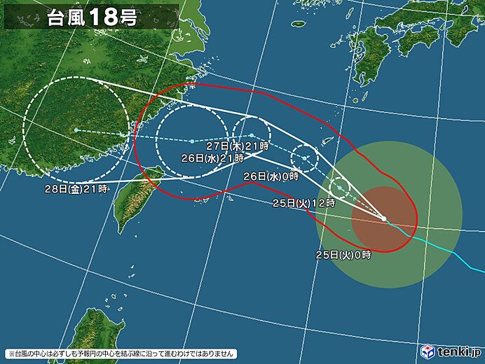 台風18号の進路予想図(2026年8月25日0時時点、日本気象協会tenki.jp)