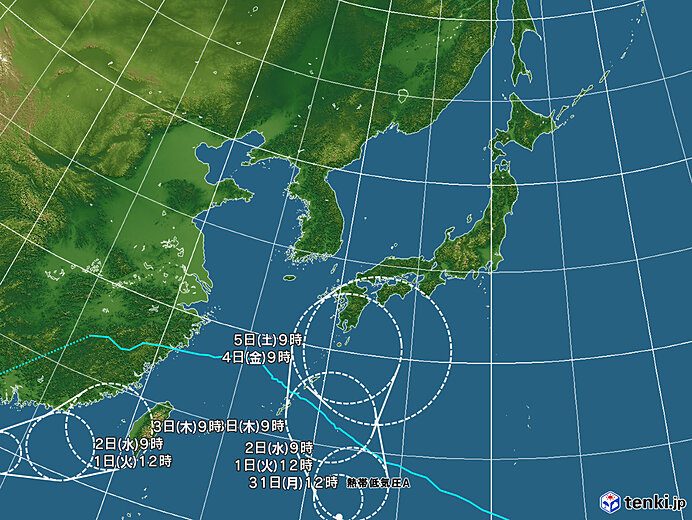 台風24号に発達予想の熱帯低気圧の進路(日本気象協会tenki.jp、2026年8月31日12時時点)