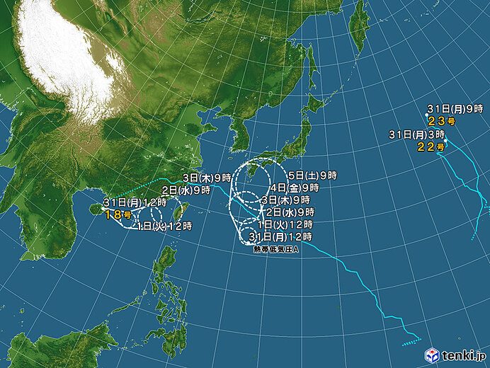 台風22号・23号と熱帯低気圧の広域位置図(日本気象協会tenki.jp、2026年8月31日時点)