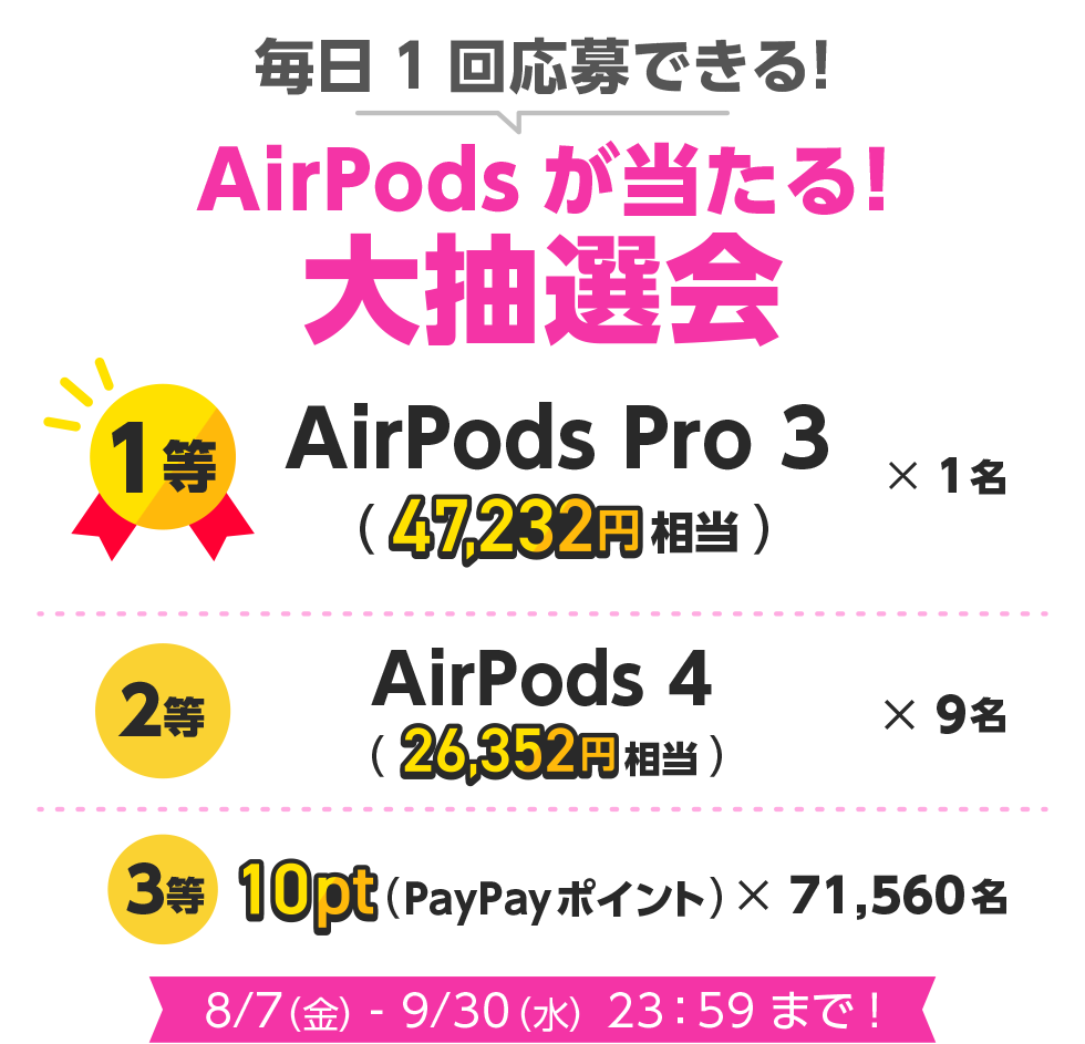 AirPodsが当たる大抽選会 毎日1回応募できる AirPods Pro 3とAirPods 4の景品案内