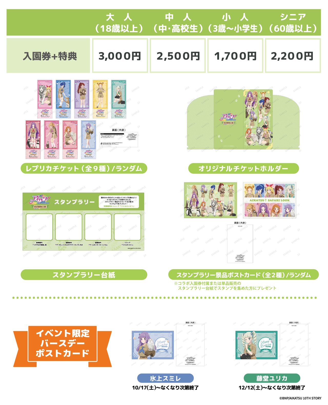 コラボ入園券の料金表とレプリカチケット・チケットホルダー・スタンプラリー台紙の特典内容