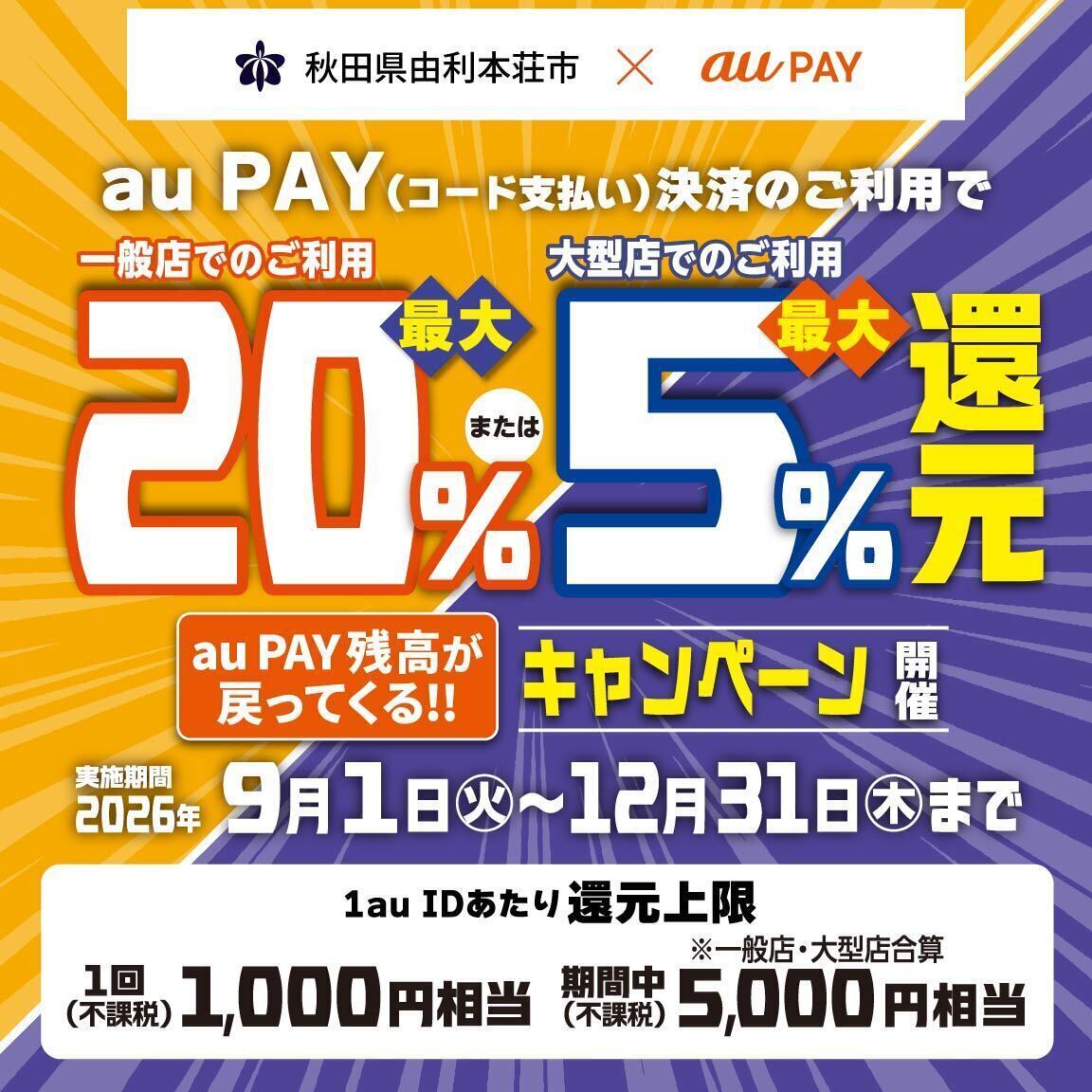 秋田県由利本荘市×au PAY 一般店最大20%・大型店最大5%還元キャンペーンの公式バナー