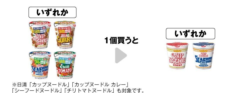 日清カップヌードル感謝の謎肉増量など1個買うと1個もらえる対象商品
