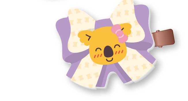 3WAYクリップ コアラのワルツちゃんデザイン、紫と黄色のリボン
