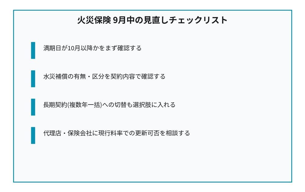 火災保険9月中の見直しチェックリスト、満期日確認・水災補償確認・長期契約検討・代理店相談の4項目