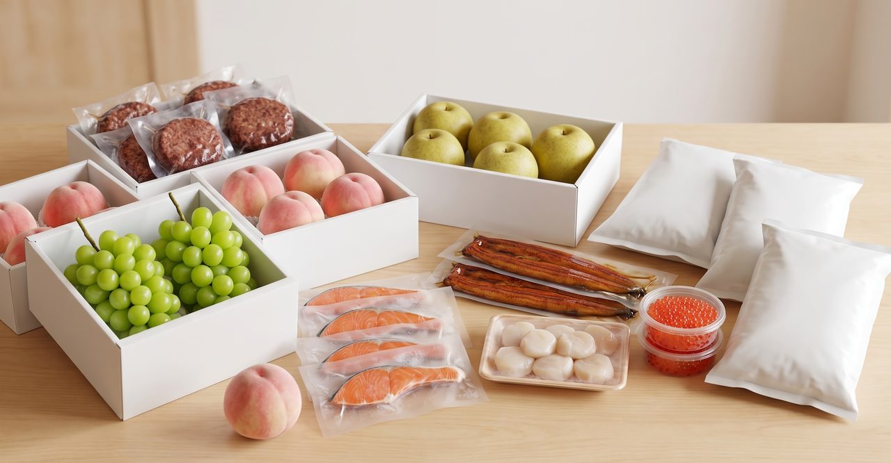 ふるさと納税の返礼品として並ぶ肉・魚介・果物の詰め合わせ例