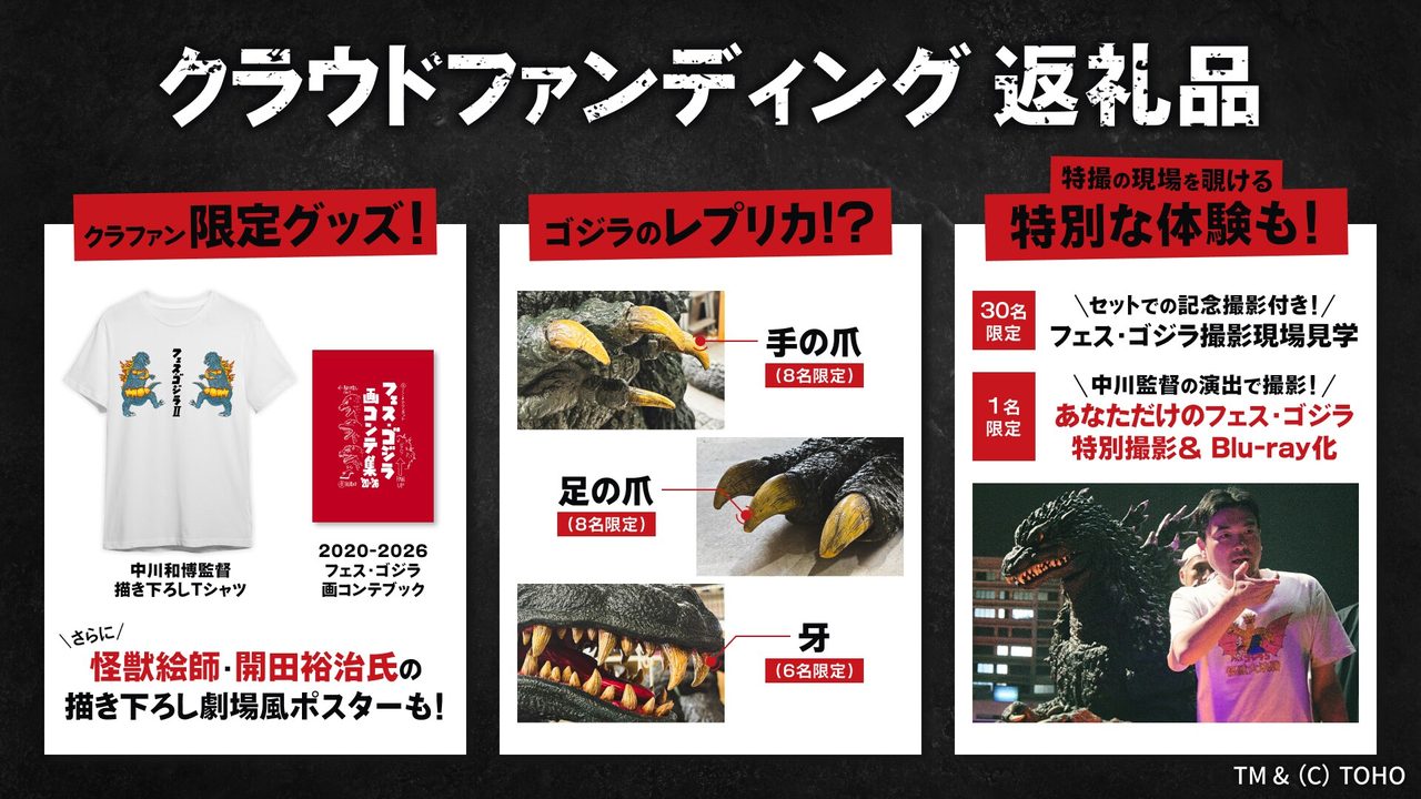 バーニングミレニアムゴジラ クラウドファンディング返礼品一覧 爪や牙のレプリカとTシャツ