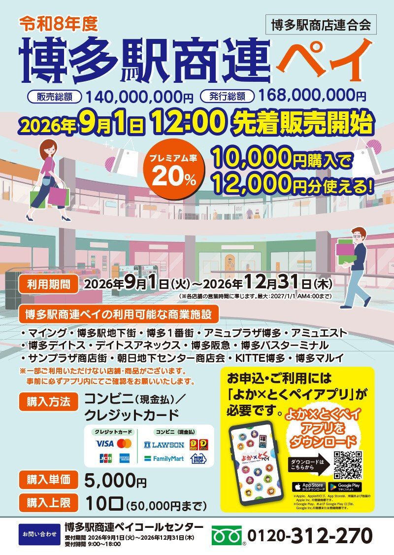 博多駅商連ペイ公式チラシ 令和8年度 販売総額1億4000万円 購入単価5000円 購入上限10口