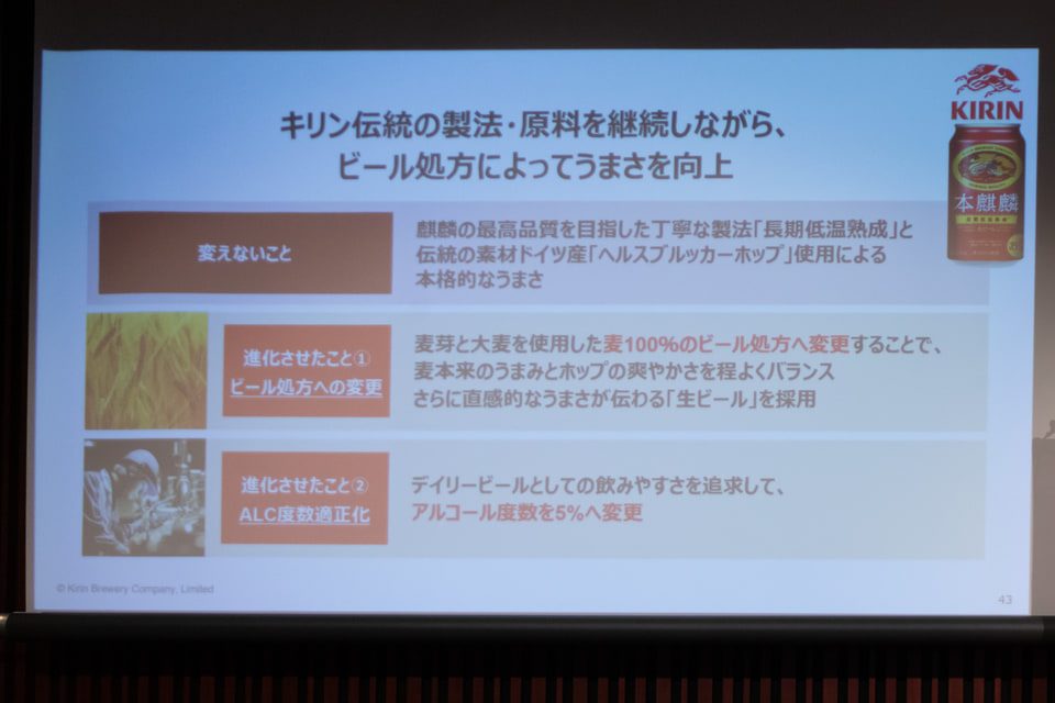 本麒麟のビール処方変更とアルコール度数を6%から5%に変更する説明スライド