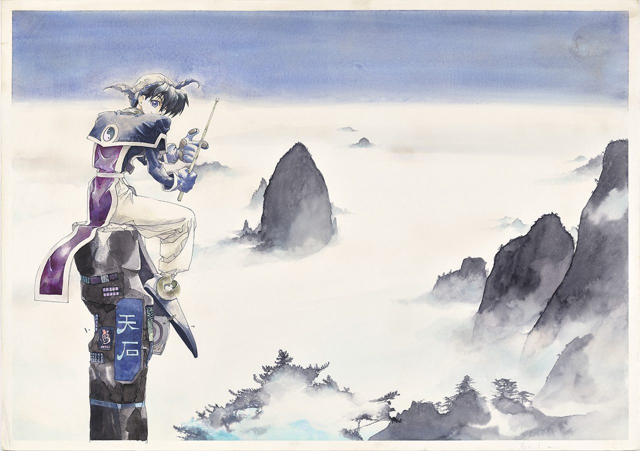 封神演義展に展示される藤崎竜の肉筆原画、太公望が雲海の岩山に立つカラーイラスト