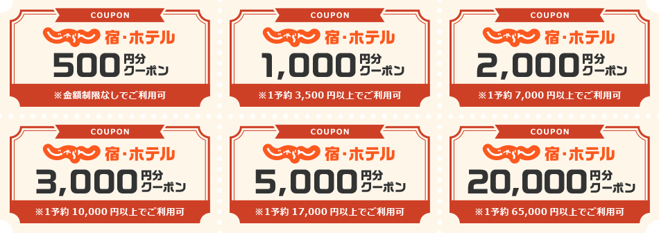 じゃらんクーポンフェス クーポン一覧 500円から20000円まで6段階の割引額と最低利用金額