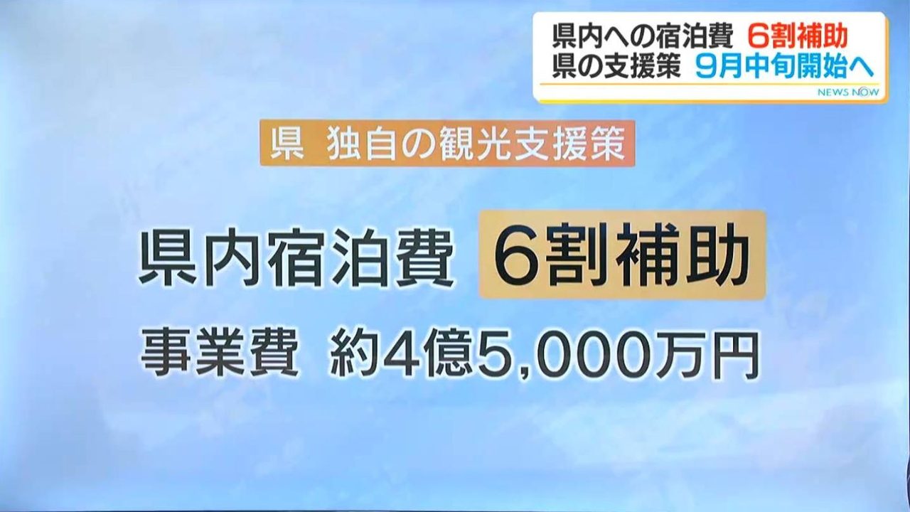 県内宿泊費6割補助・9月中旬開始を伝えるニュース画像