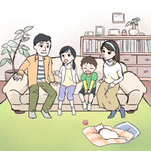 給食費の負担軽減をイメージした文部科学省リーフレットの子育て世帯イラスト