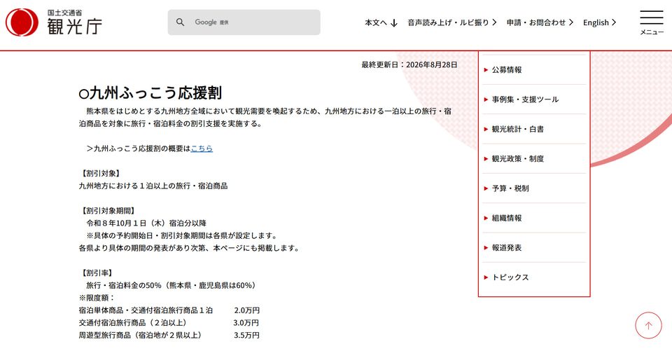 九州ふっこう応援割 観光庁の告知ページ 割引対象と割引率