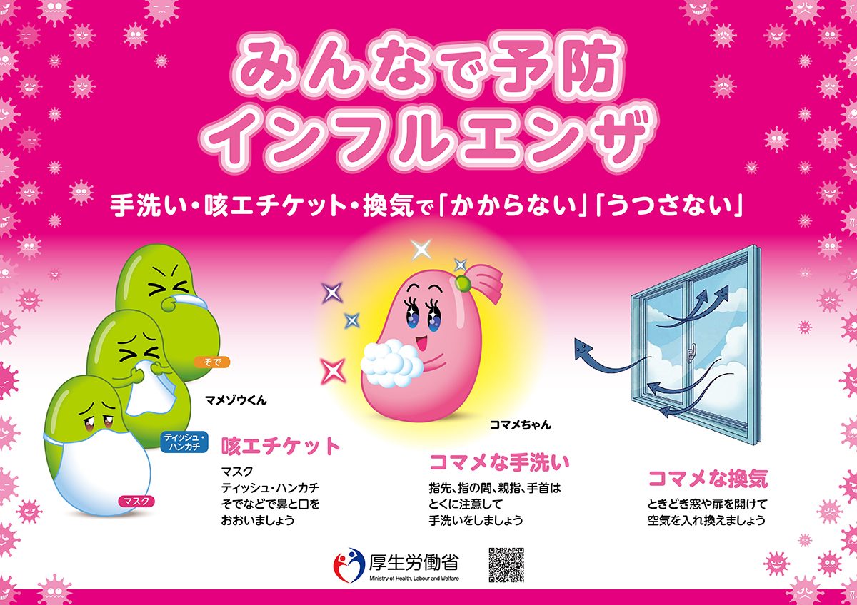 厚生労働省のインフルエンザ予防啓発ポスター 手洗い・咳エチケット・換気を呼びかける内容
