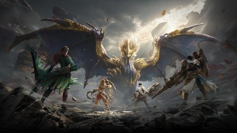 モンハンアウトランダーズ 4人の冒険者が古龍ルガ・エアルダと戦うイメージビジュアル