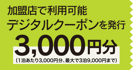 加盟店で利用可能なひなタビみやざきデジタルクーポン3000円分 1泊あたり3000円分最大3泊9000円まで